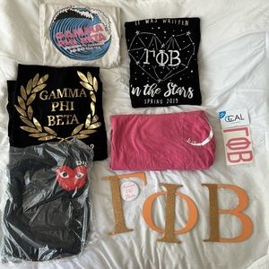 Gamma Phi Beta T-shirt, pin, sticker, and letters bundle